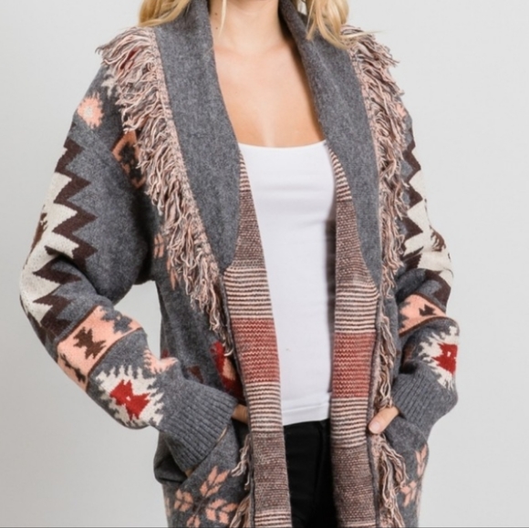 Tribal print Open front cardigan long sleeve fringe detail heavyweight - Picture 6 of 7